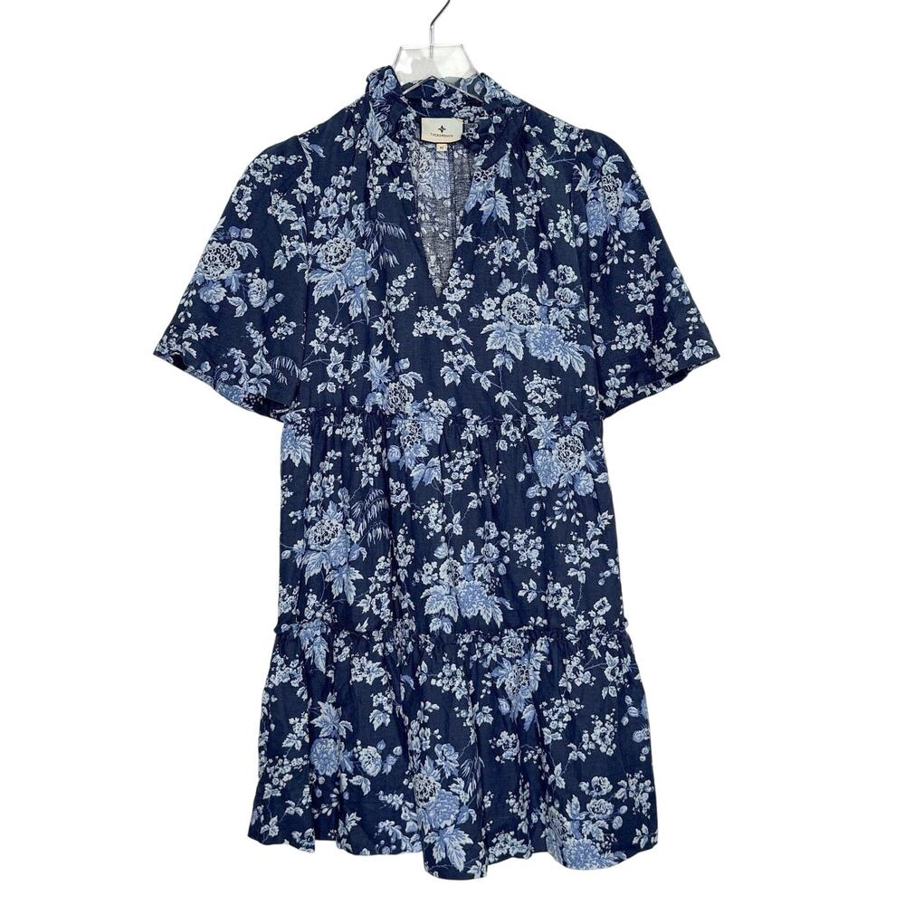 Tuckernuck Crawford Linen Mini Dress M Twilight Garden Floral Navy Blue Coquette